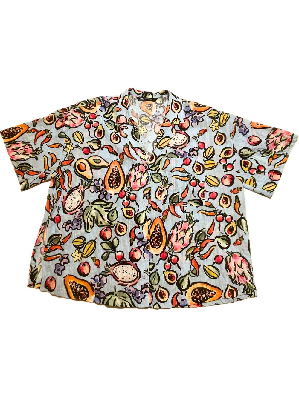 Zara Multicolor Tropical Fruit Button-Down Shirt - Light Blue - Size Medium